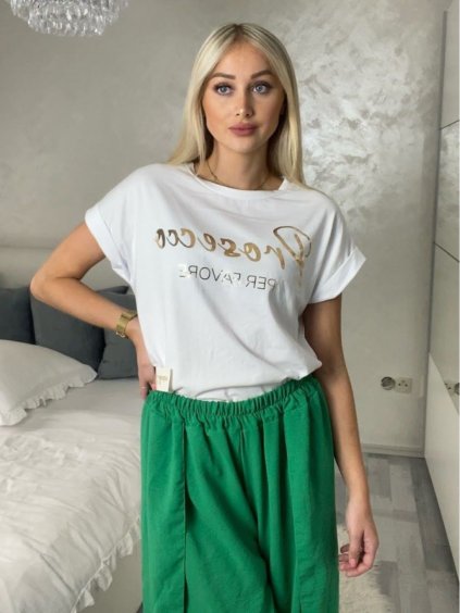Tričko oversize krátký rukáv dámské PROSECCO  (S/M/L ONE SIZE) ITALSKÁ MÓDA IMD23807/DU (Velikost S/M/L, Barva bílá)