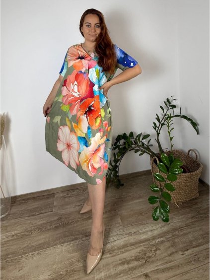Šaty dlouhé elegantní letní krátký rukáv dámské nadrozměr FLOWER (50/52/54 ONE SIZE) ITALSKÁ MÓDA IM425221-2/DU (Velikost 50/52/54, Barva zelená khaki)