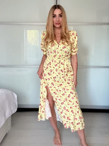 Šaty dlouhé košilové krátký rukáv dámské LIVIA (S/M/L ONE SIZE) ITALSKÁ MÓDA IMWGB24042S-4/DUR (Velikost S/M/L, Barva žlutá)