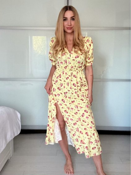 Šaty dlouhé košilové krátký rukáv dámské LIVIA (S/M/L ONE SIZE) ITALSKÁ MÓDA IMWGB24042S-4/DUR (Velikost S/M/L, Barva žlutá)