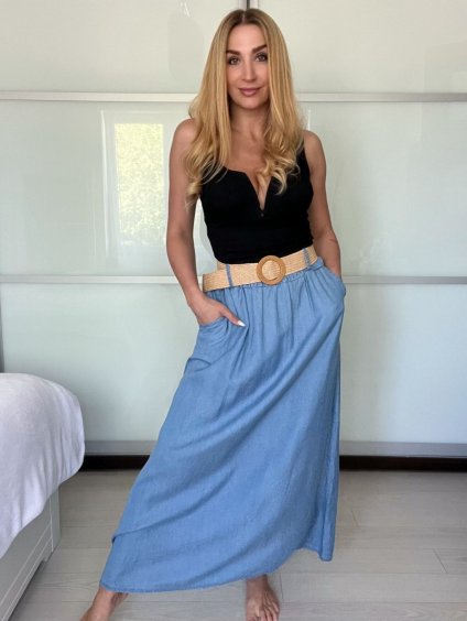 Sukně dlouhá letní riflová s páskem dámská (S/M/L ONE SIZE) ITALSKÁ MÓDA IMWBL25794/DU (Velikost S/M/L, Barva světle modrá)