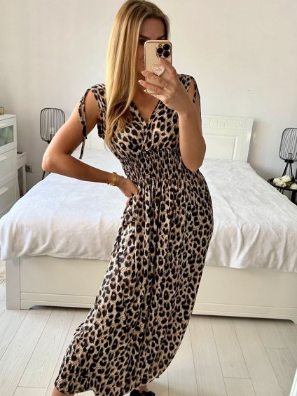 Šaty dlouhé elegantní icecool bez rukávu dámské (S/M L/XL) ITALSKÁ MODA AINUOSI IMB24LEOPARD-1/DU (Velikost L/XL, Barva hnědá leopard)
