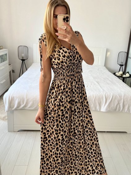 Šaty dlouhé elegantní icecool bez rukávu dámské (S/M L/XL) ITALSKÁ MODA AINUOSI IMB24LEOPARD-2/DU (Velikost L/XL, Barva hnědá leopard)