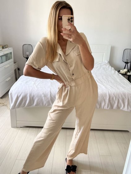 Overal dlouhý elegantní krátký rukáv dámský (S/M ONE SIZE) ITALSKÁ MÓDA IMWD24386/DU (Velikost S/M/L, Barva béžová)