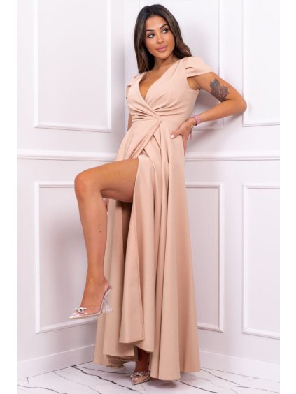 Šaty dlouhé elegantní společenské bez rukávu dámské nadrozměr GALA (36-52) POLSKÁ MÓDA PMLBF24GALA1/DR (Velikost 50, Barva béžová)