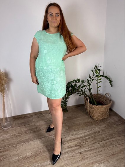 Šaty krátké lněné letní krátký rukáv dámské nadrozměr  (M-L-XL-2XL-3XL) ITALSKÁ MÓDA IMSM251111/DR (Velikost M, Barva světle mintová)