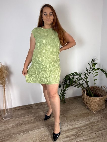 Šaty krátké lněné letní krátký rukáv dámské nadrozměr  (M-L-XL-2XL-3XL) ITALSKÁ MÓDA IMSM251113Z/DU (Velikost M, Barva světle zelená)
