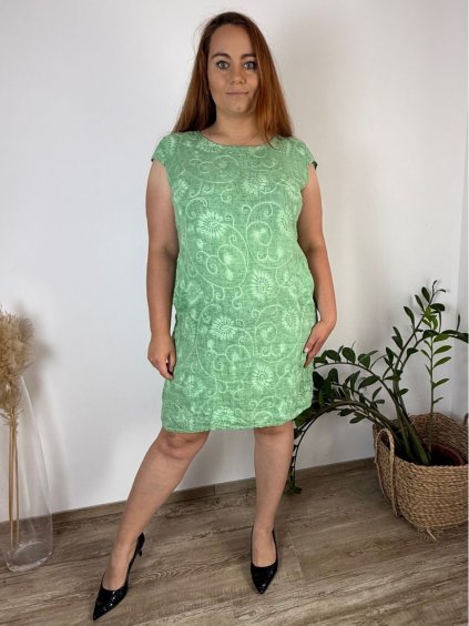 Šaty krátké lněné letní krátký rukáv dámské nadrozměr  (M-L-XL-2XL-3XL) ITALSKÁ MÓDA IMSM251114/DU (Velikost M, Barva zelená)