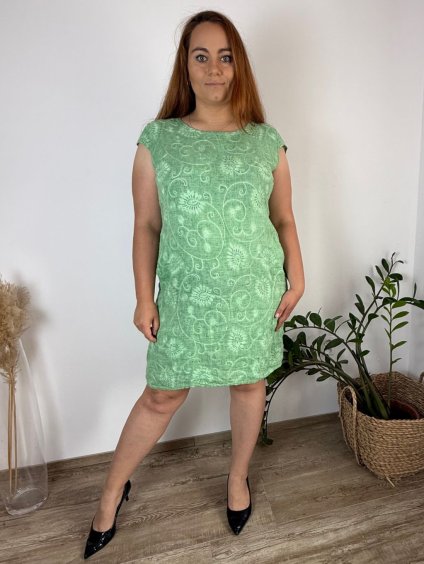 Šaty krátké lněné letní krátký rukáv dámské nadrozměr  (M-L-XL-2XL-3XL) ITALSKÁ MÓDA IMSM251114/DU (Velikost M, Barva zelená)