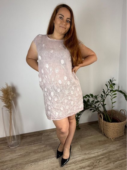 Šaty krátké lněné letní krátký rukáv dámské nadrozměr (M-L-XL-2XL-3XL) ITALSKÁ MÓDA IMSM251113R/DU (Velikost M, Barva růžová světlá)