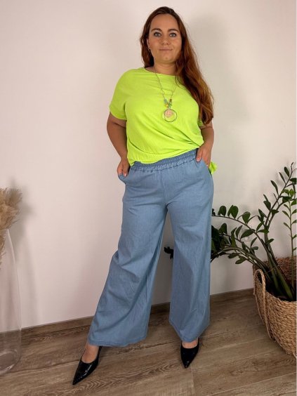 Kalhoty riflové volnočasové letní dámské nadrozměr VANDA (42/44/46 ONE SIZE) ITALSKá MóDA IM424461/DUR (Velikost 42/44/46, Barva světle modrá)