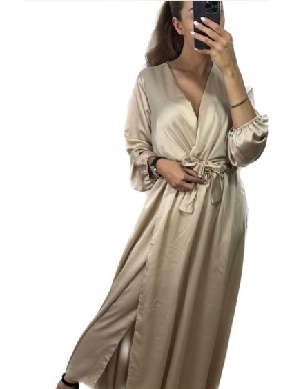 Šaty elegantní saténové dlouhý rukáv dámské Lilien (S/M.ONE SIZE) ITALSKÁ MÓDA IMM22HG3893/DU (Velikost S/M/L, Barva béžová)
