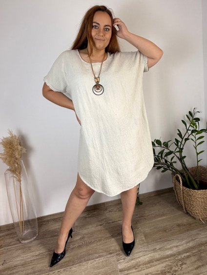 Šaty volnočasové letní oversize mušelín krátký rukáv dámské nadrozměr NEAPOL (54/56/58 ONE SIZE) ITALSKÁ MÓDA IM425332/DUR (Velikost 54/56/58, Barva béžová)