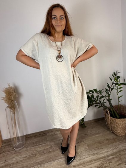 Šaty volnočasové letní oversize mušelín krátký rukáv dámské nadrozměr NEAPOL (54/56/58 ONE SIZE) ITALSKÁ MÓDA IM425332/DUR (Velikost 54/56/58, Barva béžová)