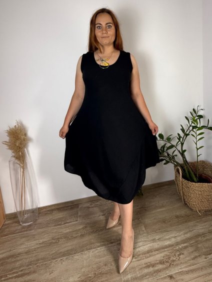 Šaty letní s přívěskem bez rukávu dámské nadrozměr SIRENA (48/50/52 ONE SIZE) ITALSKÁ MÓDA IMD25132/DU (Velikost 48/50/52, Barva Černá)