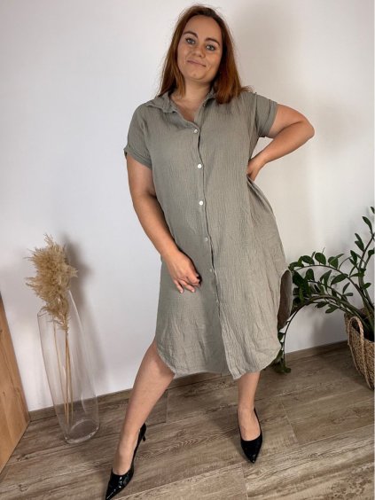 Šaty košilové mušelín krátký rukáv dámské nadrozměr SILVIA  (44/46/48 ONE SIZE) ITALSKÁ MÓDA IM425406/DUR (Velikost 44/46/48, Barva béžová)