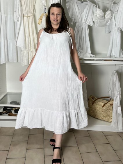 Šaty dlouhé letní mušelín na ramínka dámské nadrozměr ANDY (50/52/54 ONE SIZE) ITALSKÁ MÓDA IM425424/DU (Velikost 50/52/54, Barva bílá)