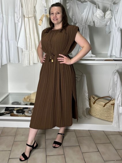 Šaty dlouhé elegantní letní bez rukávu dámské nadrozměr BLANCA (52/54/56 ONE SIZE) ITALSKÁ MÓDA IMC25293/DU (Velikost 52/54/56, Barva hnědá)