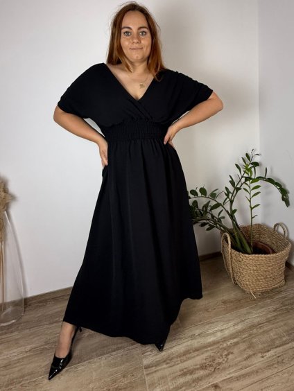 Šaty dlouhé elegantní letní krátký rukáv dámské nadrozměr ASTRA (42/44/46 ONE SIZE) ITALSKÁ MÓDA IM425422/DUR (Velikost 42/44/46, Barva Černá)