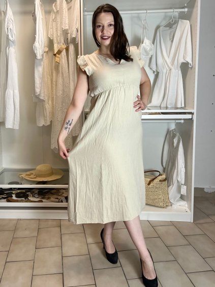 Šaty dlouhé letní mušelín krátký rukáv dámské JULIE (S/M/L ONE SIZE) ITALSKÁ MÓDA IMWB25894/DUR (Velikost S/M/L, Barva béžová)