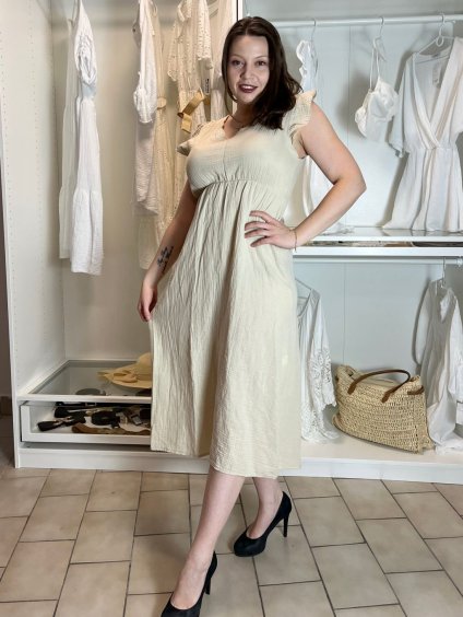 Šaty dlouhé letní mušelín krátký rukáv dámské JULI (S/M/L ONE SIZE) ITALSKÁ MÓDA IMWB25894/DUR (Velikost S/M/L, Barva béžová)