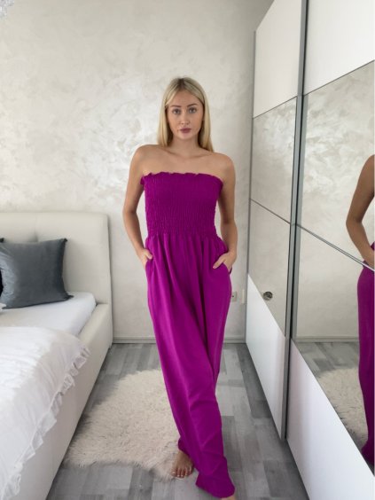 Overal dlouhý elegantní žabičkovaný carmen bez rukávu dámský (S/M/L ONE SIZE) ITALSKÁ MÓDA IM425322/DUR (Velikost S/M/L, Barva růžová fuchsiová)