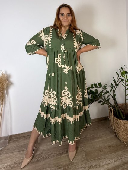 Šaty elegantní letní 3/4 dlouhý rukáv dámské nadrozměr LUDMILA (50/52/54 ONE SIZE) ITALSKÁ MÓDA IMPLI243735/DUR (Velikost 50/52/54, Barva béžová)