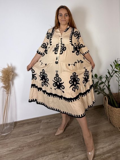 Šaty elegantní letní 3/4 dlouhý rukáv dámské nadrozměr LUDMILA (50/52/54 ONE SIZE) ITALSKÁ MÓDA IMPLI243735/DUR (Velikost 50/52/54, Barva béžová)