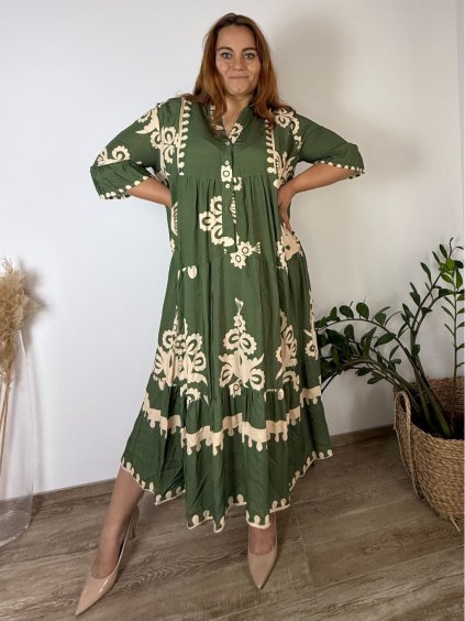 Šaty elegantní letní 3/4 dlouhý rukáv dámské nadrozměr LUDMILA (50/52/54 ONE SIZE) ITALSKÁ MÓDA IMPLI243735/DUR (Velikost 50/52/54, Barva béžová)