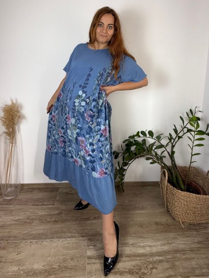 Šaty letní krátký rukáv dámské nadrozměr VESUV (54/56/58 ONE SIZE) ITALSKÁ MÓDA IM425308/DU (Velikost 54/56/58, Barva modrá)