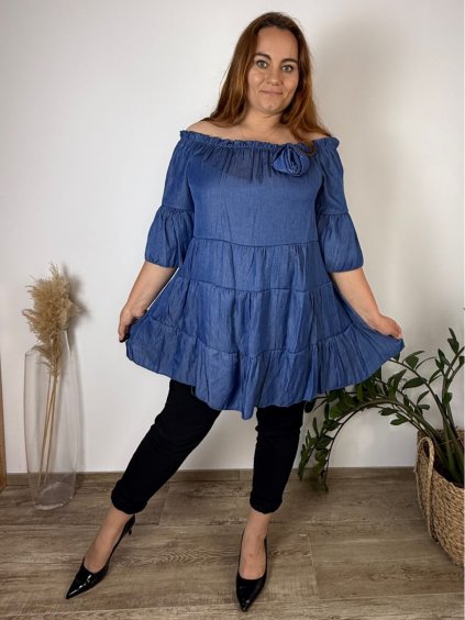 Šaty 3/4 rukáv dámské nadrozměr KATE (40/42/44 ONE SIZE) ITALSKÁ MÓDA IMWQ241111/DUR (Velikost 40/42/44, Barva modrá džínová)