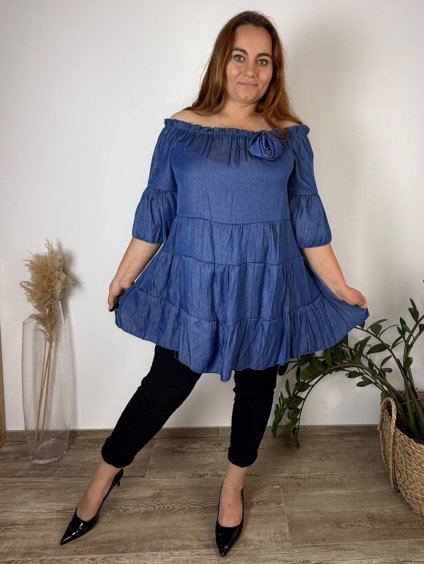 Šaty 3/4 rukáv dámské nadrozměr KATE (40/42/44 ONE SIZE) ITALSKÁ MÓDA IMWQ241111/DUR (Velikost 40/42/44, Barva modrá džínová)