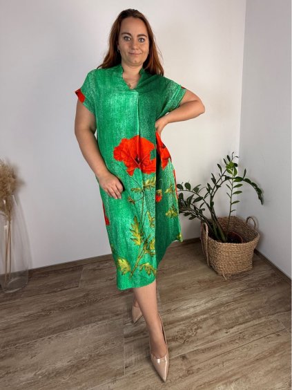 Šaty letní s kapsami krátký rukáv dámské nadrozměr FLOO (44/46/48 ONE SIZE) ITALSKÁ MÓDA IM7251212/DUR (Velikost 44/46/48, Barva modrá)