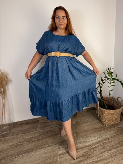 Šaty s páskem letní krátký rukáv dámské nadrozměr EMMA (48/50/52 ONE SIZE) ITALSKÁ MÓDA IM42530002/DU (Velikost 48/50/52, Barva světle modrá)