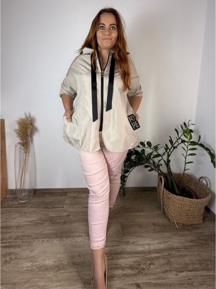 Bunda oversize slabá na zip s kapucí dlouhý rukáv dámská nadrozměr HOPE (42/44/46 ONE SIZE) ITALSKÁ MÓDA IMC250102/DR (Velikost 42/44/46, Barva béžová)