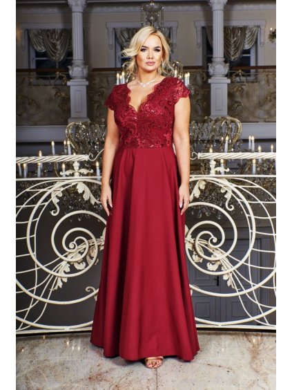 Šaty dlouhé elegantní společenské krátký rukáv dámské nadrozměr (36-56) POLSKÁ MÓDA PMLBF23CRYSTAL1990/DR (Velikost 46, Barva vínová)