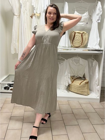 Šaty dlouhé volnočasové letní mušelín krátký rukáv dámské INGE (S/M/L ONE SIZE) ITALSKÁ MÓDA IM425304/DUR (Velikost S/M/L, Barva béžová)