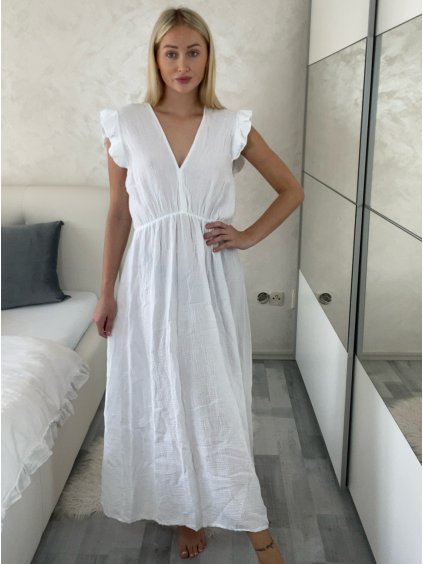 Šaty dlouhé volnočasové letní mušelín krátký rukáv dámské INGE (S/M/L ONE SIZE) ITALSKÁ MÓDA IM425304/DUR (Velikost S/M/L, Barva béžová)