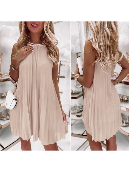 Šaty letní skládané bez rukávu dámské (S/M ONE SIZE) ITALSKÁ MÓDA IMD24058/DR (Velikost S/M/L, Barva béžová)