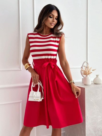 Šaty letní bez rukávu proužek dámské (S/M/L ONE SIZE) ITALSKÁ MÓDA IMD24270/DR (Velikost S/M/L, Barva červená)