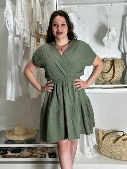 Šaty volnočasové letní mušelín krátký rukáv dámské (S/M/L ONE SIZE) ITALSKÁ MÓDA IM4250001/DUR (Velikost S/M/L, Barva zelená khaki)