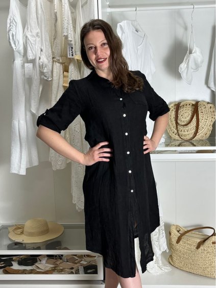 Šaty lněné košilové krátký rukáv dámské (S/M/L ONE SIZE) ITALSKÁ MODA IM7250001/DU (Velikost S/M/L, Barva Černá)