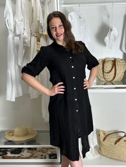 Šaty lněné košilové krátký rukáv dámské (S/M/L ONE SIZE) ITALSKÁ MODA IM7250001/DU (Velikost S/M/L, Barva Černá)