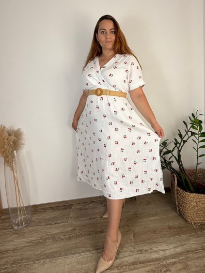 Šaty letní mušelínové krátký rukáv dámské nadrozměr Amarene (44/46 ONE SIZE) ITALSKÁ MÓDA IM424428/DUR (Velikost 44/46, Barva bílá)
