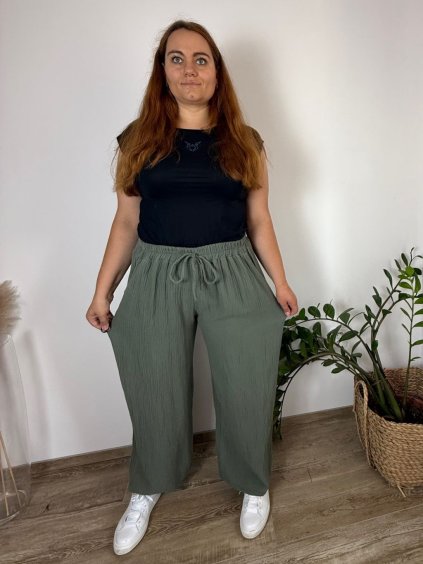 Kalhoty mušelínové letní dámské nadrozměr (46/48/50 ONE SIZE) ITALSKÁ MÓDA IM4250002/DUR (Velikost 48/50, Barva zelená khaki)