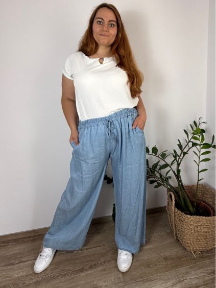 Kalhoty dlouhé letní riflové dámské nadrozměr (54/56/58 ONE SIZE) ITALSKÁ MÓDA IMWT251139/DU (Velikost 56/58, Barva světle modrá)