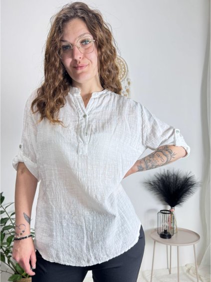 Tunika košilová bavlněná 3/4 dlouhý rukáv dámská (S/M/L ONE SIZE) ITALSKá MODA IM324111/DR (Velikost S/M/L, Barva bílá)
