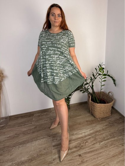 Šaty letní oválné bavlněné volnočasové krátký rukáv dámské nadrozměr GRITA (46/48/50 ONE SIZE) ITALSKÁ MÓDA IM424408/DU (Velikost 46/48/50, Barva zelená khaki)