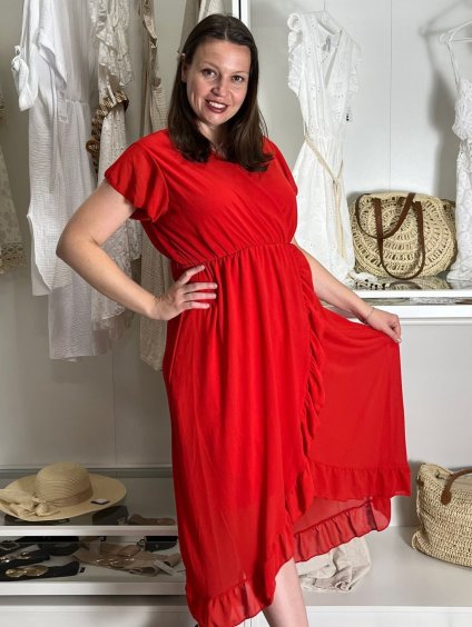 Šaty šifonové krátký rukáv dámské nadrozměr (46/48/50 ONE SIZE) ITALSKÁ MÓDA IM424468/DU (Velikost 48/50, Barva červená)