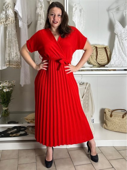 Šaty dlouhé letní skládané krátký rukáv dámské ZUZA (S/M/L ONE SIZE) ITALSKÁ MÓDA 	 IMD251761/DUR (Velikost S/M/L, Barva červená)